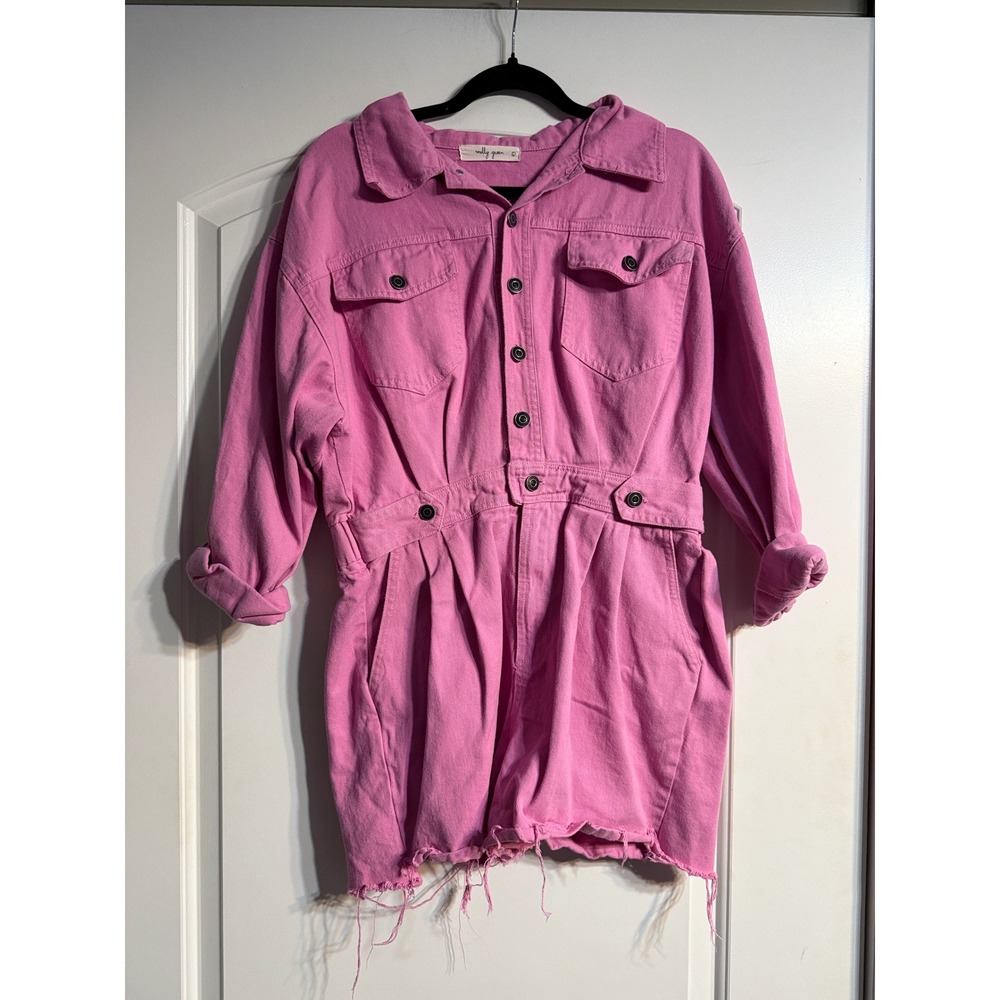 Molly Green Denim Romper Large Pink Raw Hem Barbiecore Boho Edgy Festival